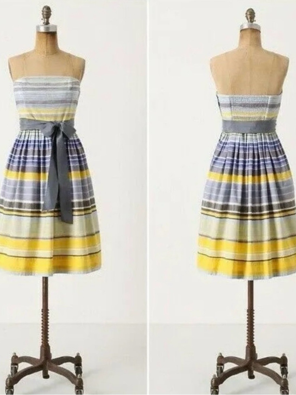 Maeve Strapless Striped Sundress in Yellow, Gray & White Anthropologie Sz 8
